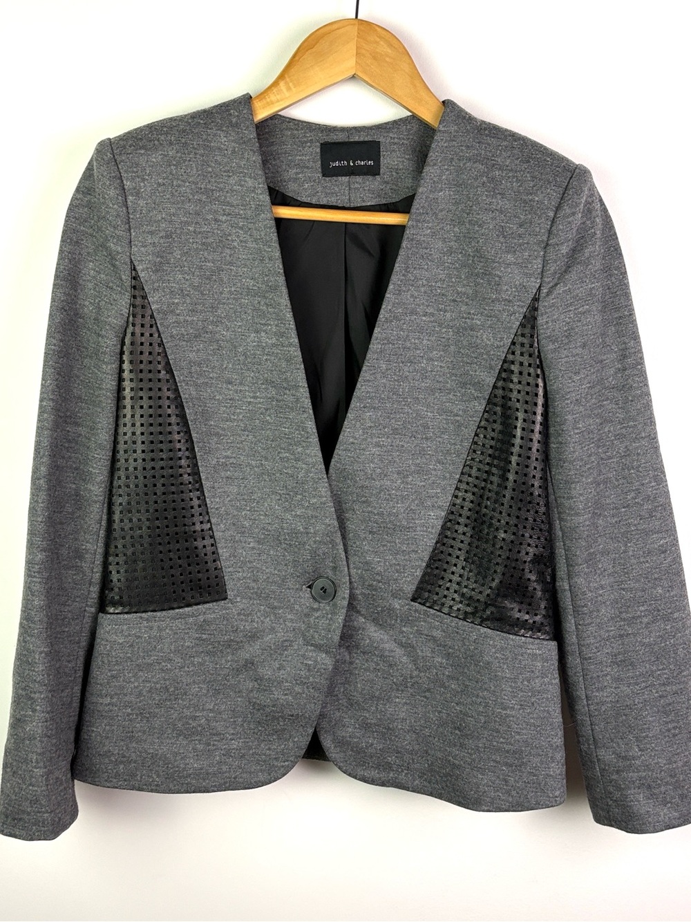 Judith & Charles Gray Blazer with Black leather Perforated Panels size 4